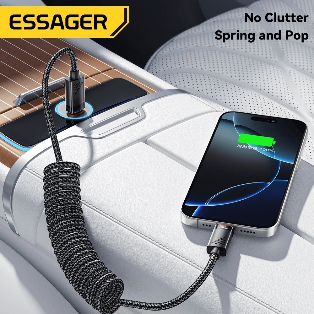 main-image-5 Essager Car Spring Type C Cable For iPhone 16 15 Xiaomi Samsung 100W PD Fast Charging For Macbook iPad Type C to Type C Cable - Image 1